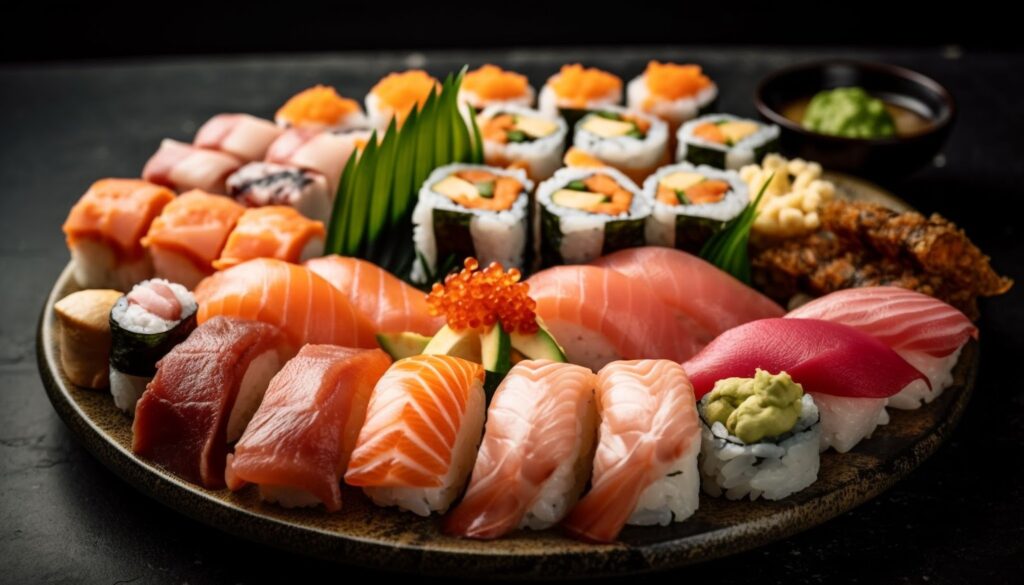 Close up of variety sushi plate 