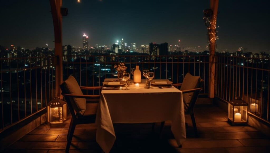 A rooftop dinner setting against a cityscape at night